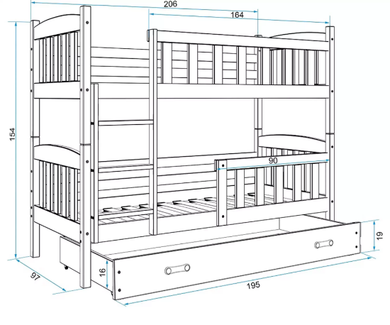 Slika BMS Kubus krevet na kat + ladica 200 x 90 cm, GRF/grafit