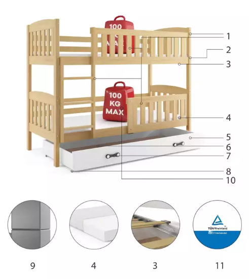 Slika BMS Kubus krevet na kat + ladica 200 x 90 cm, PINE/bijela
