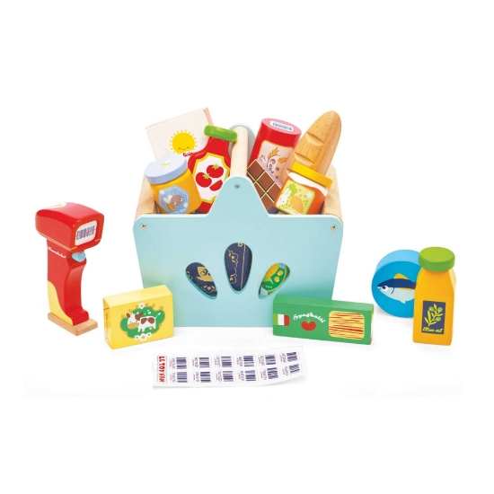 Slika Drvena košara s namirnicama i skener