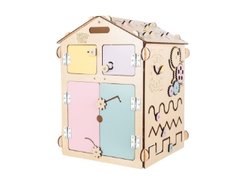 Prikažite detalje za Activity board (senzorna ploča) kućica u boji drva s pastelnim tonovima - BusyKids Slika Activity board (senzorna ploča) kućica u boji drva s pastelnim tonovima - BusyKids