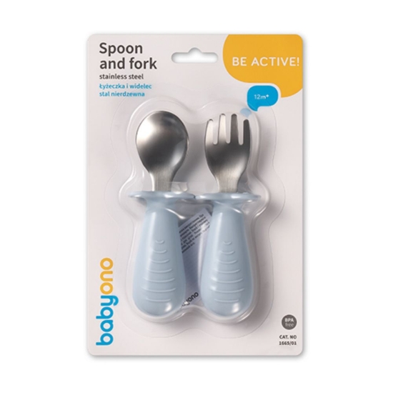 Slika Set žlica i vilica od čelika i slikona s graničnikom 12m+, plava BabyOno 