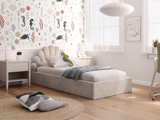 Slika Tapecirani dječji krevet 90x200 s okvirom školjka