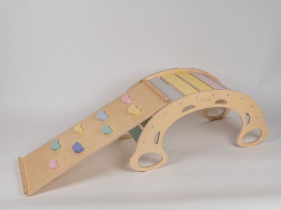 Slika Drvena Montessori ljuljačka PRO 5u1 s pastelnом 2u1 daskom