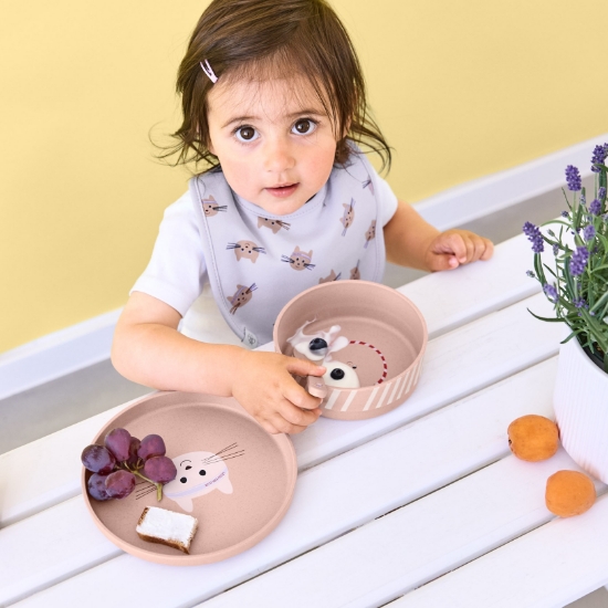 Slika Posuđe Set PP/celuloza Tiny Team Mačka (Tanjur, Zdjelica, Šalica, Žlica) Lässig 