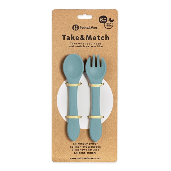 Slika Silikonska žlica i vilica 6 m+ Take&amp;Match, Frosted Sky PETITE&amp;MARS 