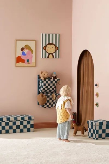 Slika Sjedalo i kutija za pohranu 30 cm, Pouffe check teal - Kid's Concept