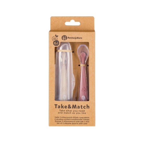 Slika Silikonske žlice s kutijicom 2 kom, 6 mj+, Take&amp;Match, Sand - Rose PETITE&amp;MARS 