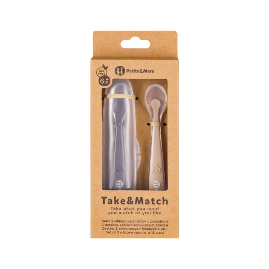 Slika Silikonske žlice s kutijicom 2 kom, 6 mj+, Take&amp;Match, Sand - Cocoa PETITE&amp;MARS 