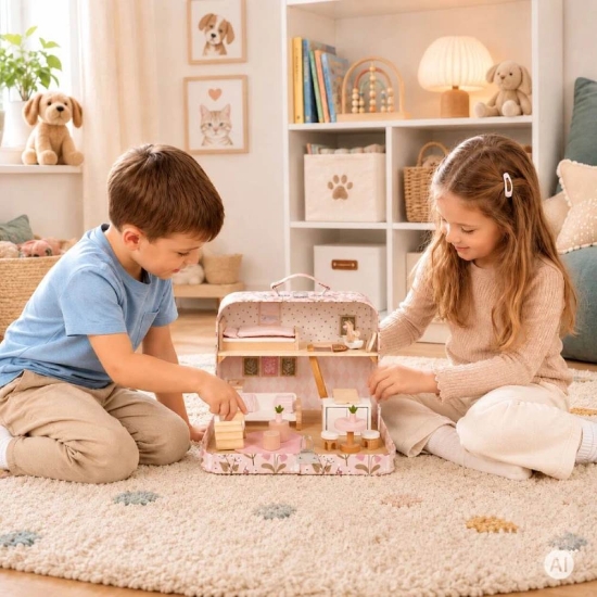 Slika Drvena kućica za lutke u prijenosnom koferu, set od 20 dodataka Ecotoys 