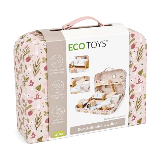 Slika Drvena kućica za lutke u prijenosnom koferu, set od 20 dodataka Ecotoys 