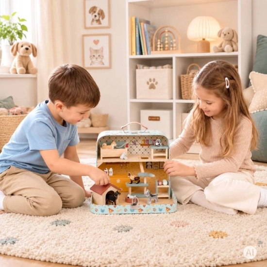 Slika Drveni Pet Shop u prijenosnom koferu, set od 23 dodataka Ecotoys 