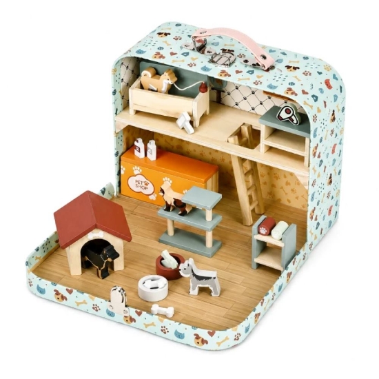 Slika Drveni Pet Shop u prijenosnom koferu, set od 23 dodataka Ecotoys 