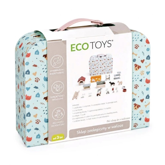 Slika Drveni Pet Shop u prijenosnom koferu, set od 23 dodataka Ecotoys 