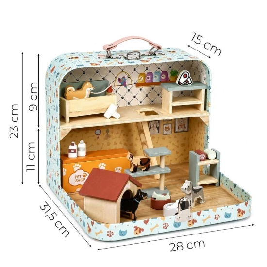 Slika Drveni Pet Shop u prijenosnom koferu, set od 23 dodataka Ecotoys 