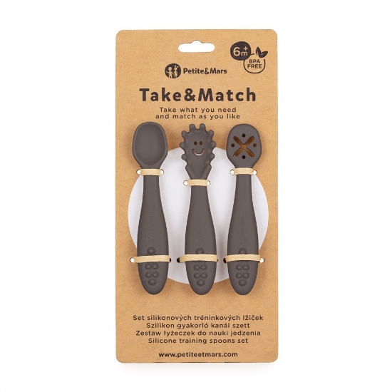 Slika Silikonske žlice za trening od 3 kom 6 m+ Take&amp;Match, Bitter Cocoa PETITE&amp;MARS 